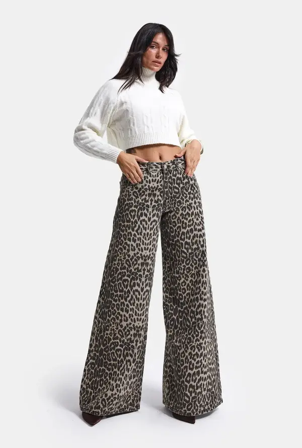 Palazzo Fit Leopar Desen Denim Jean