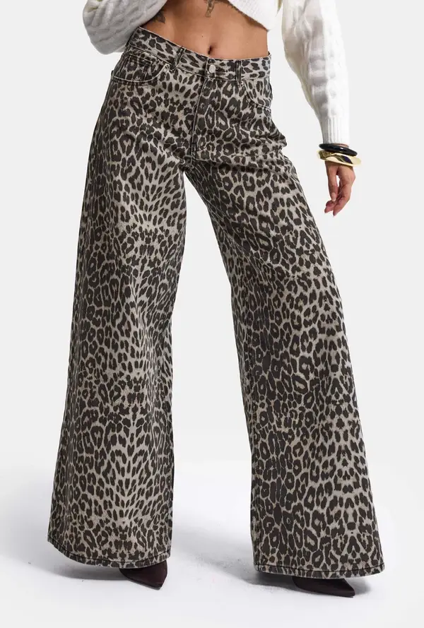 Palazzo Fit Leopar Desen Denim Jean