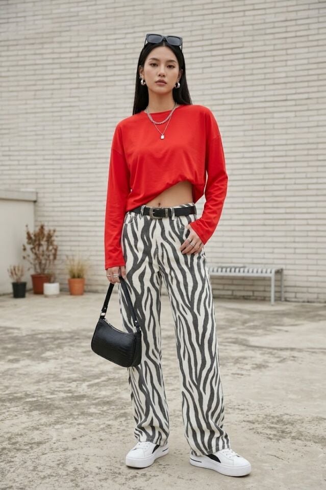 Yüksek Bel Eskitme Barrel Zebra Pantolon - Ekru&Siyah