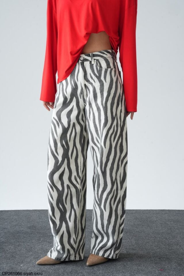 Yüksek Bel Eskitme Barrel Zebra Pantolon - Ekru&Siyah