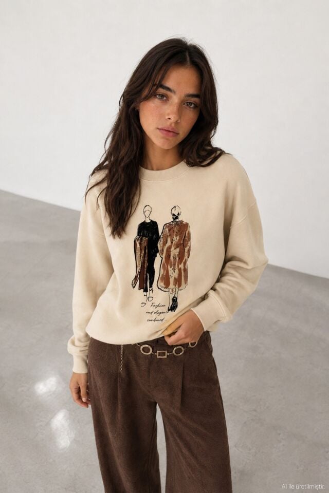 Baskı Detaylı Sweatshirt Bej