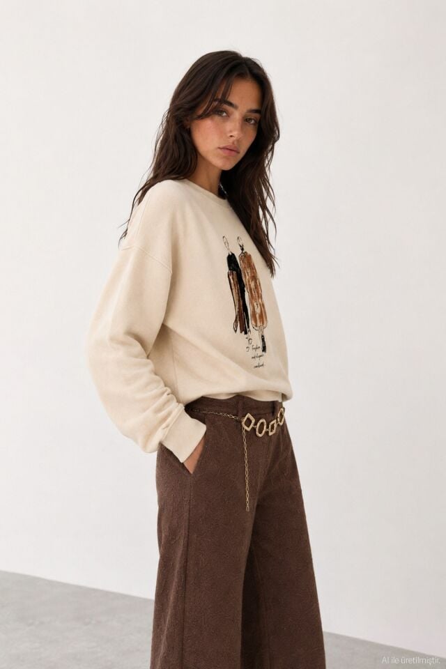 Baskı Detaylı Sweatshirt Bej