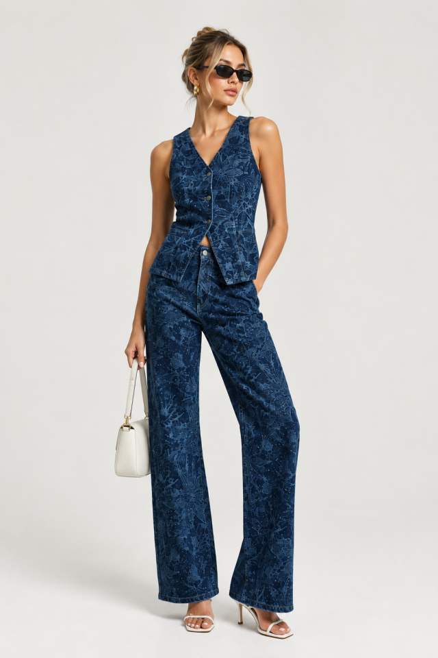 Straight Fit Çiçek Desenli Parlak Taşlı Tasarım Elastan Denim Jean