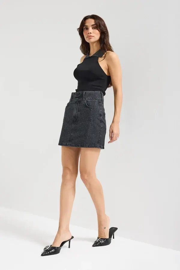 Parlak Taşlı %100 Koton Tasarım Mini Denim Etek