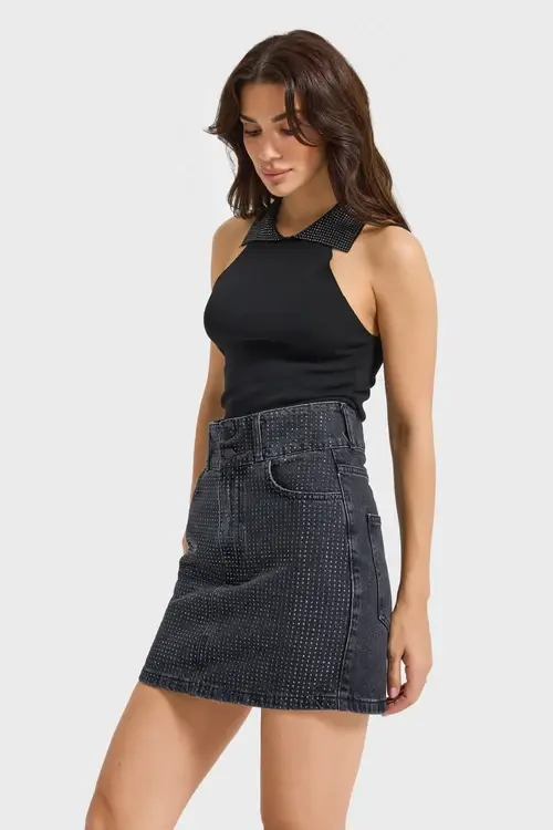 Parlak Taşlı %100 Koton Tasarım Mini Denim Etek