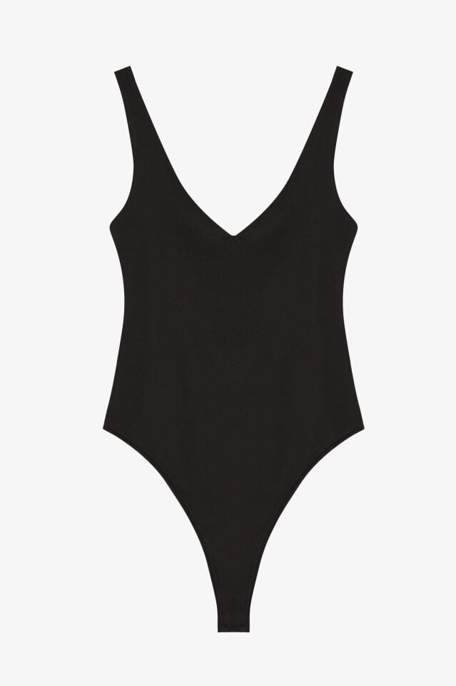 V Yaka Askılı Bodysuit Siyah
