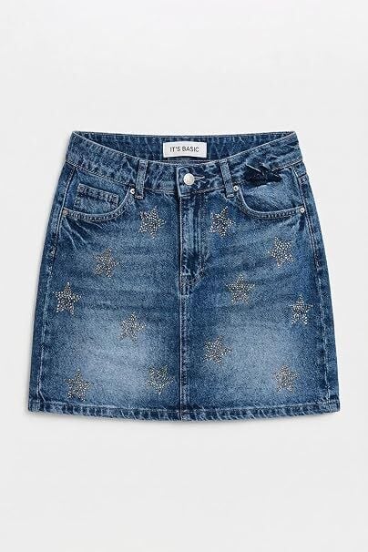 Straight Mini Parlak Yıldız Taşlı Özel Tasarım Denim Etek
