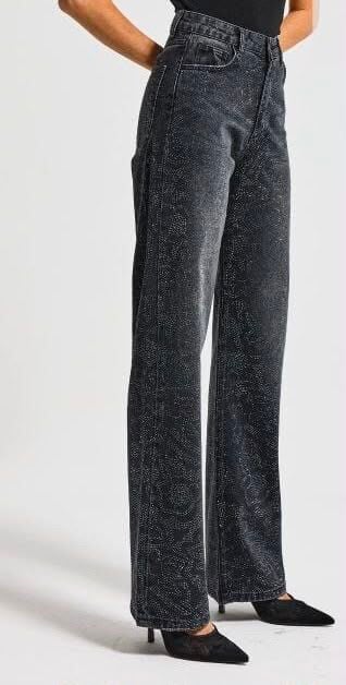 Tamamı Taş Desenli Boru Paça Jean