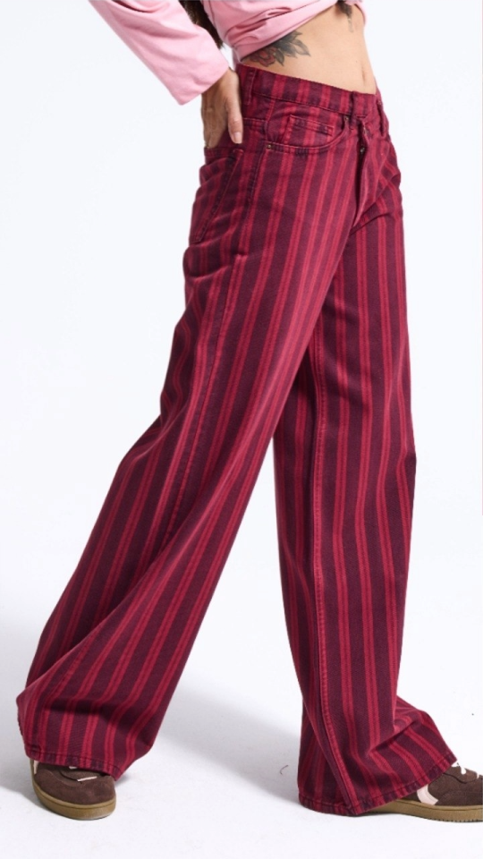 Çapraz Bel Detaylı Dikey Çizgili Denim Pantolon - Bordo