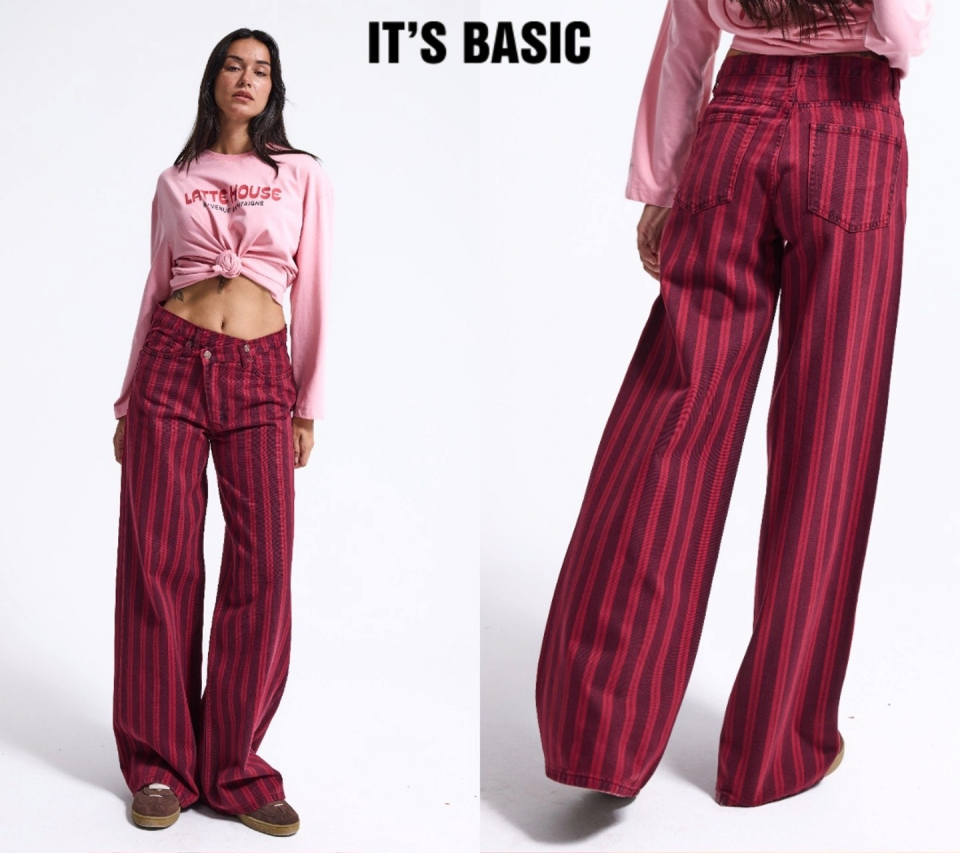 Çapraz Bel Detaylı Dikey Çizgili Denim Pantolon - Bordo
