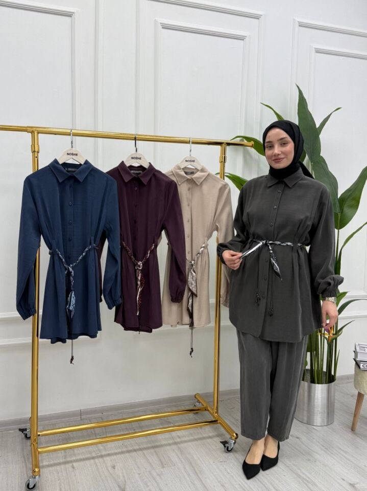 Fular Detaylı Şık Gömlek Mürdüm