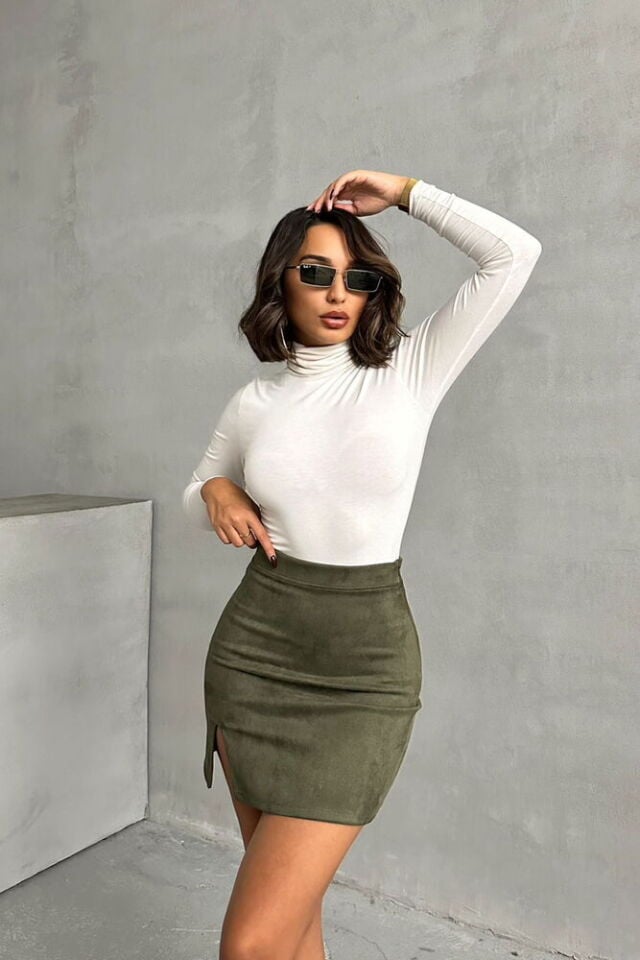 Süet Mini Etek Haki Yırtmaçlı